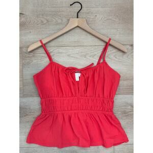Monteau Los Angeles Red Smocked Tie Front Peplum Cami Top Medium